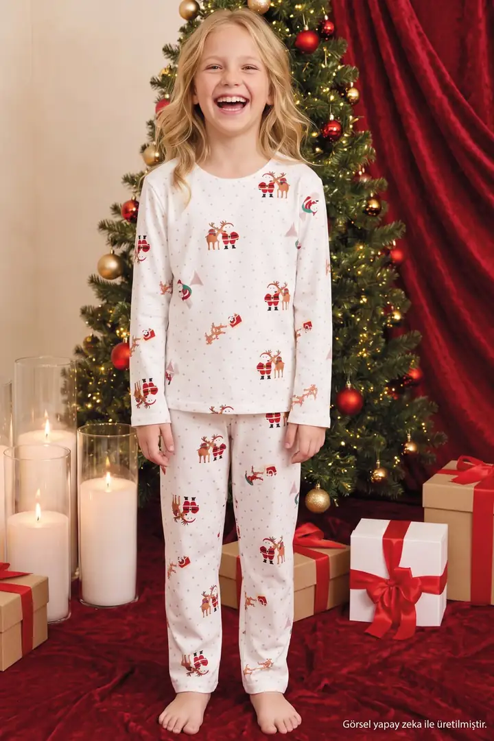 Ekru Yılbaşı Temalı Desenli Termal Kumaşlı Ultra Soft Yumuşak Örme Pijama Takımı 26226923