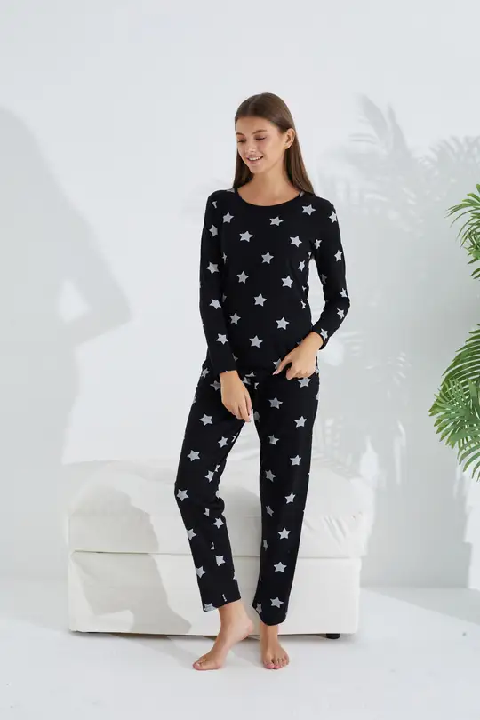 Pamuklu Pijama Takımı - siyah beyaz yıldız