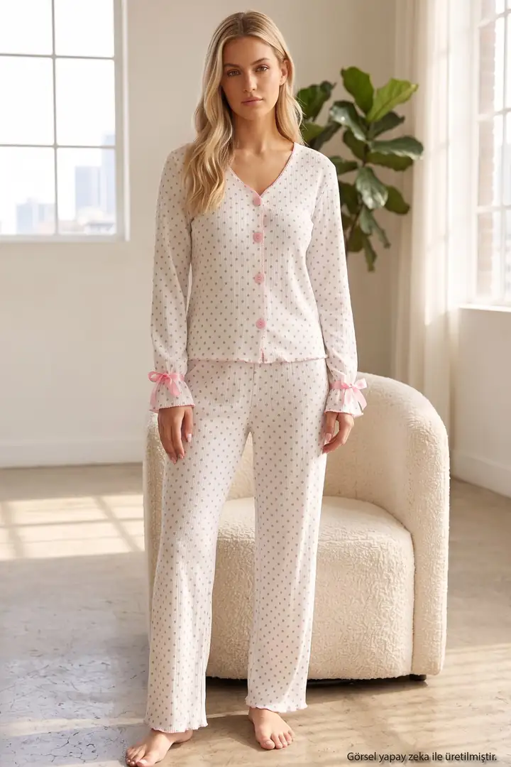 Beyaz Gri Puan Desenli Bürümcük-Krınkıl Kurdele Detaylı Düğmeli Hırka Pijama Takım 26223921-11