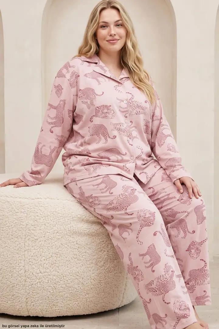 Baskılı Büyük Beden Battal Boy Düğmeli Örme Pijama Takım 8090 - pudra leopar