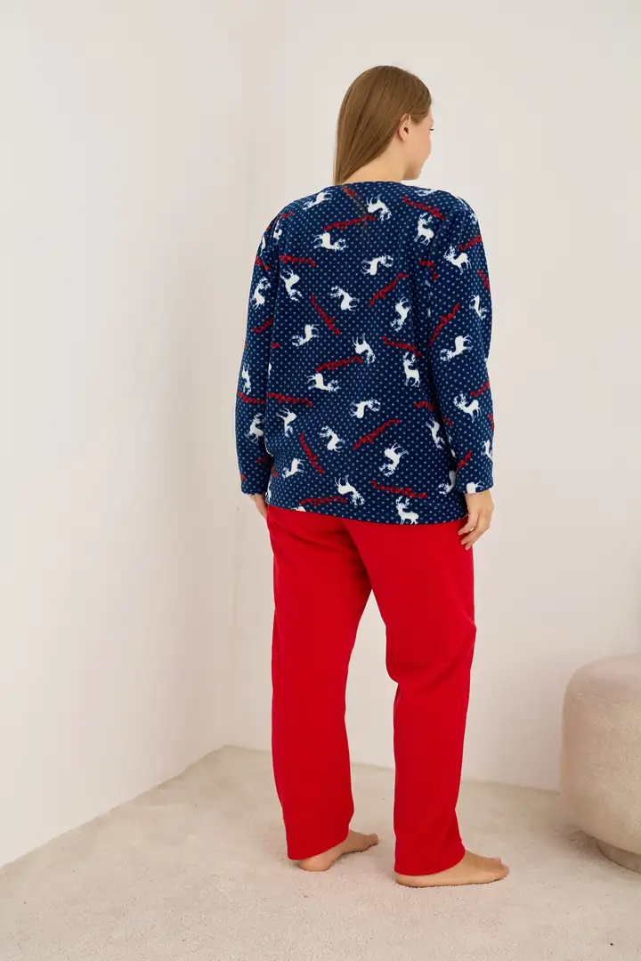Geyik Desenli Kış Temalı Büyük Beden Polar Kışlık Örme Pijama Takım