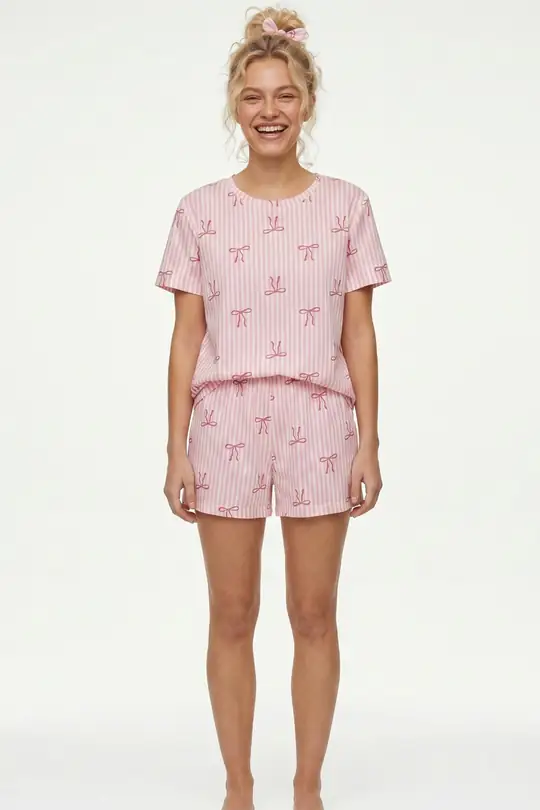 İnce Soft Örme Mevsimlik Şortlu Pijama Takımı 8045 - pembe fiyonk