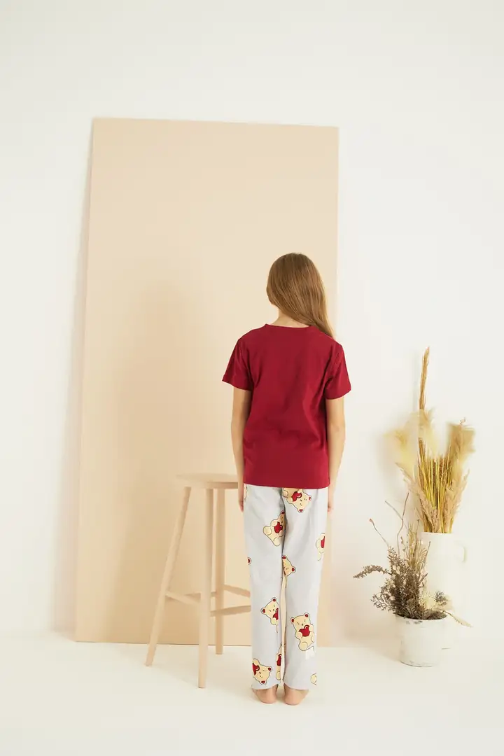 Bordo Desenli Pamuklu Bisiklet Yaka Örme Pijama Takım 25107132