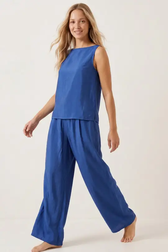 Kalın Askılı Bluz Beli Lastikli Pantolon Dokuma Modal Alt-Üst Takım 8051 - Saks