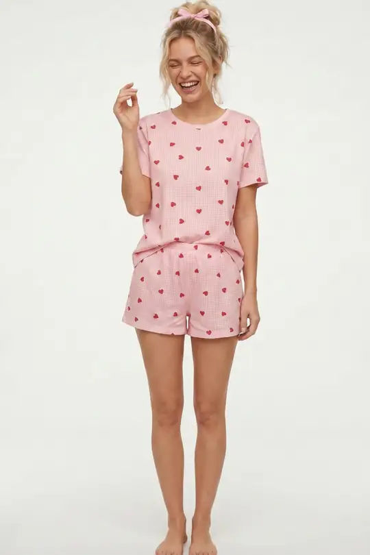 İnce Soft Örme Mevsimlik Şortlu Pijama Takımı 8045 - pembe ekose kalp