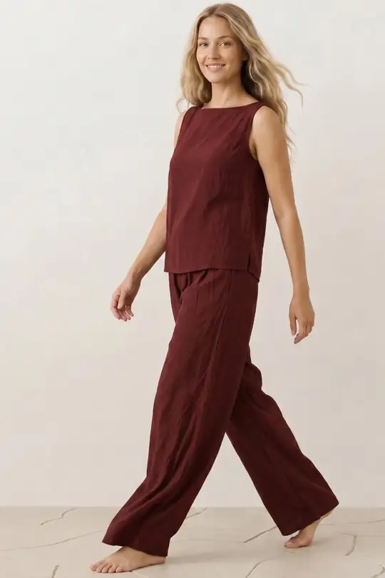 Kalın Askılı Bluz Beli Lastikli Pantolon Dokuma Modal Alt-Üst Takım 8051 - Bordo