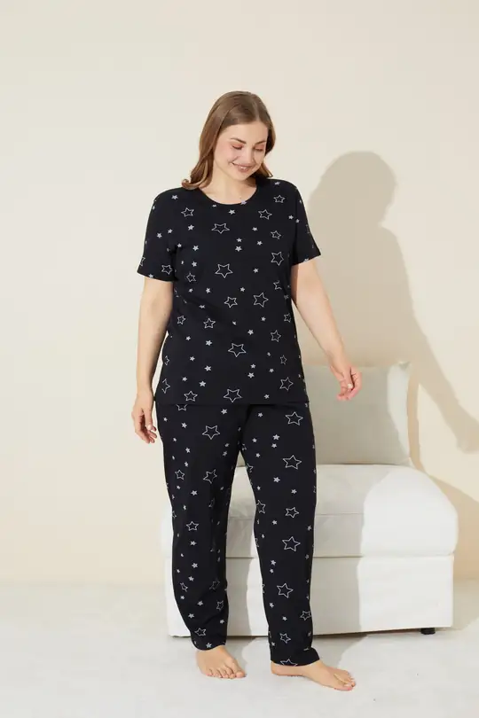Büyük Beden Battal Örme Pijama Takım 7614 - siyah yıldız desen