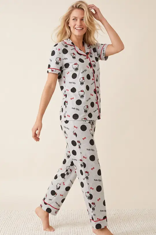 Hello Kitty Lisanslı %100 Pamuk Pembe Çok Renkli Düğmeli Biyeli Pijama Takım 26120451 - Gri Melanj
