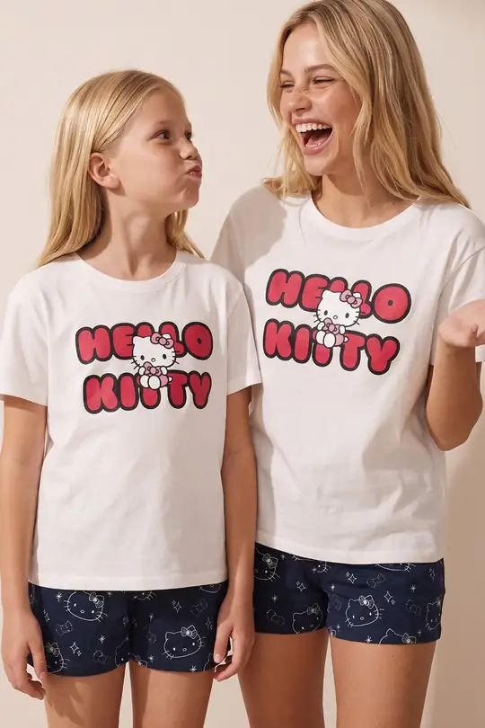 Hello Kitty Lisanslı %100 Pamuk Ekru Çok Renkli Bisklet Yaka Şortlu Pijama Takım 26120201