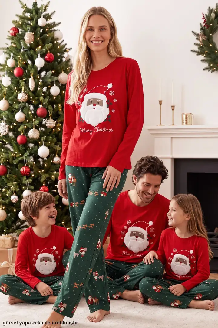 Yılbaşı Temalı Termal Kumaşlı Ultra Soft Yumuşak Örme Annek-Kız Pijama Takımı 26226928-1 - Kırmızı