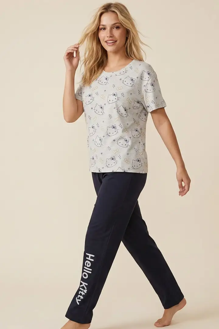 Hello Kitty Lisanslı %100 Pamuk Çok Renkli Bisiklet Yaka Pijama Takım 26120461