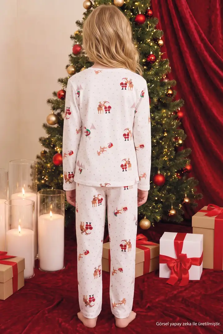 Ekru Yılbaşı Temalı Desenli Termal Kumaşlı Ultra Soft Yumuşak Örme Pijama Takımı 26226923