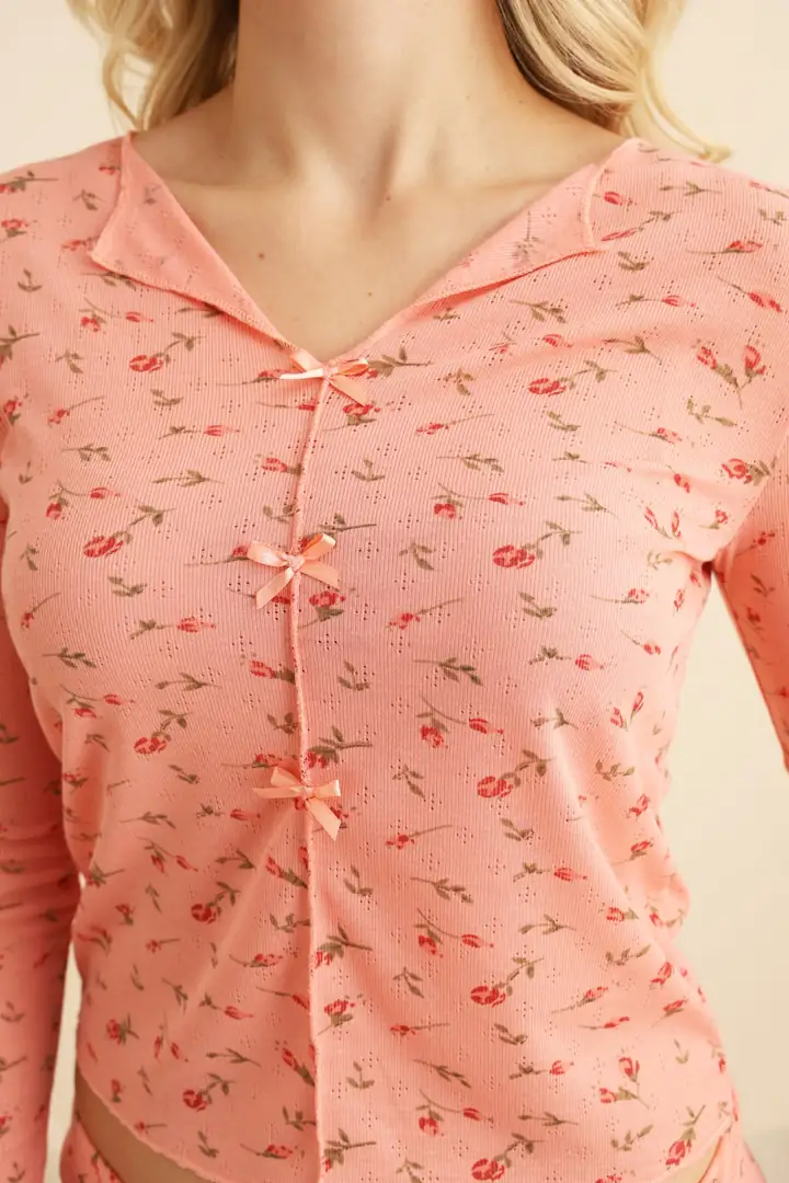 Fiyonk Detaylı Ajurlu Delikli Örme Pijama Takım 7927-6