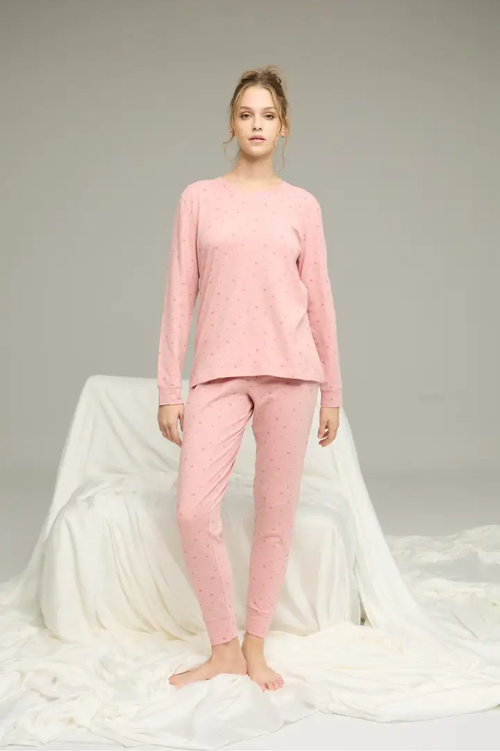 Pudra Kalp Desenli Pamuklu Bisiklet Yaka Örme Pijama Takım 25241123