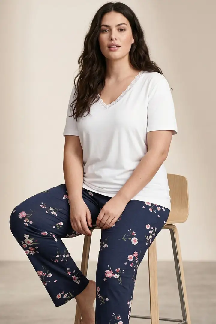 Desenli Büyük Beden Battal Boy Viskon Örme Pijama Takım
