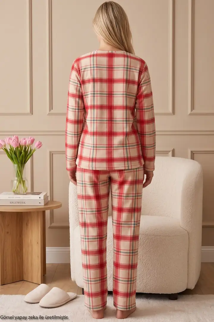 Kırmızı Ekose Desenli Nakışlı Alt-Üst Polar Kışlık Örme Pijama Takım 26222133