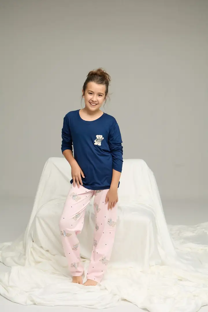 Lacivert Ayıcık Desenli Pamuklu Bisiklet Yaka Örme Pijama Takım 25241146