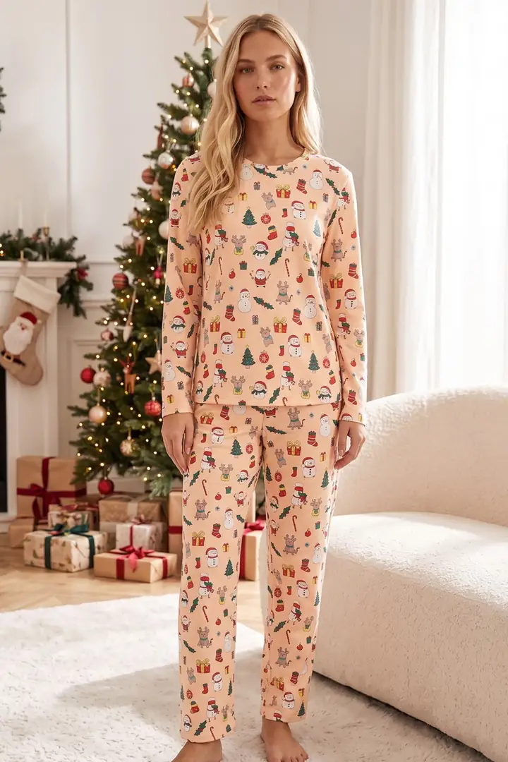 Yılbaşı Temalı Pamuklu Likralı Örme Pijama Takım 26241171