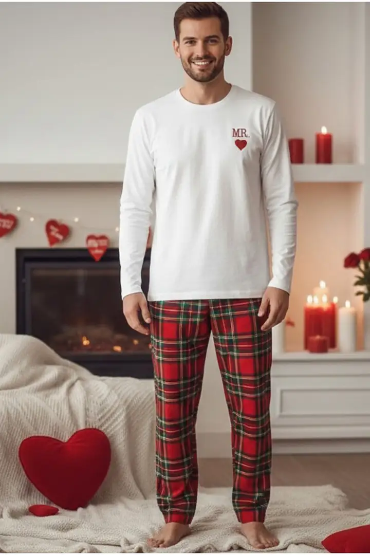 Erkek Ekose Merry Christmas Baskılı Yılbaşı Temalı Örme Pijama Takım 7969
