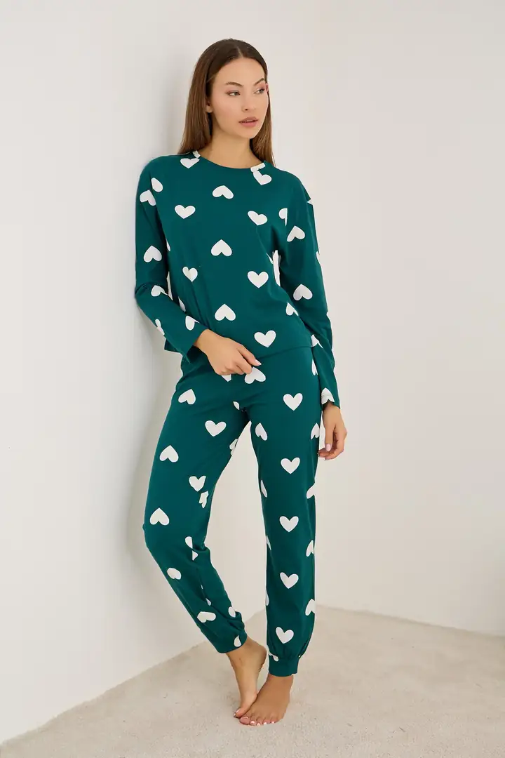 yeşil beyaz kalp baskılı Örme Pamuklu Pijama Takımı7613