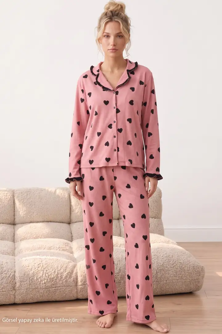 Desenli Bürümcük-Krınkıl Düğmeli Fırfırlı Pijama Takım 26223941-8 - pembe kalp