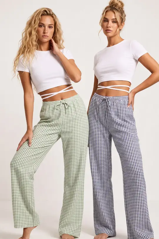 2'li Fiyonk Desenli Yumuşak Tuşe Kışlık Örme Tek Alt Pijama Altı 8074 - yeşil koyu lacivert ekose
