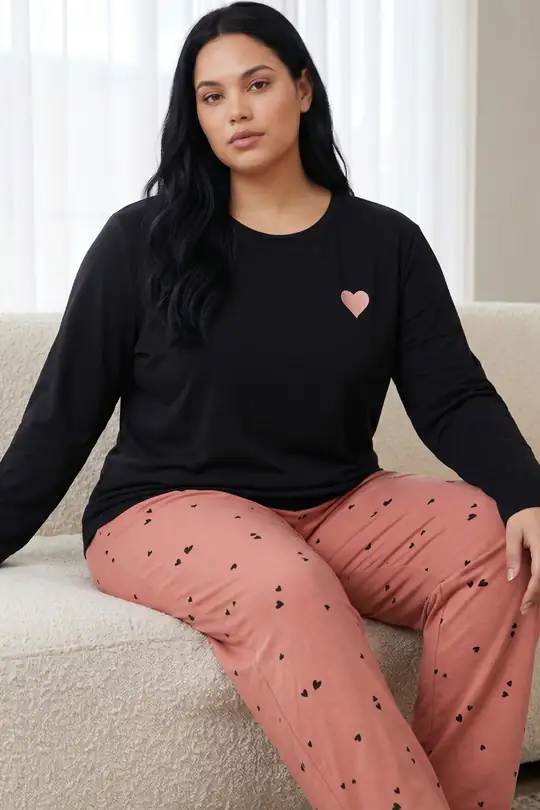 Nakışlı Pamuklu Likralı Büyük Beden Battal Boy Örme Pijama Takım 26240951 - Siyah