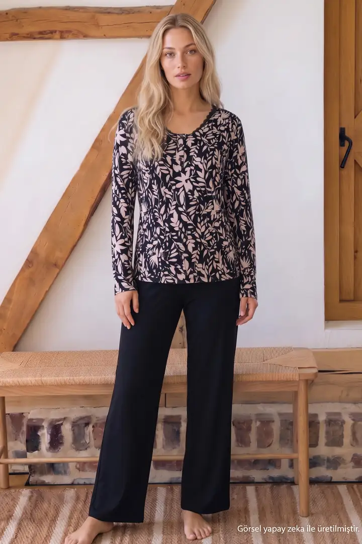 Desenli Düğmeli Dantelli Viskon Örme Pijama Takım 26224678