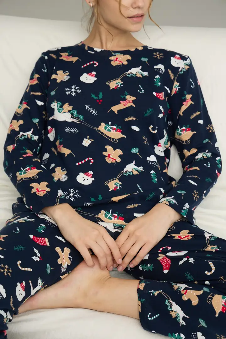 Lacivert Kurabiye Yılbaşı Desenli Pamuklu Bisiklet Yaka Örme Pijama Takım 25241140