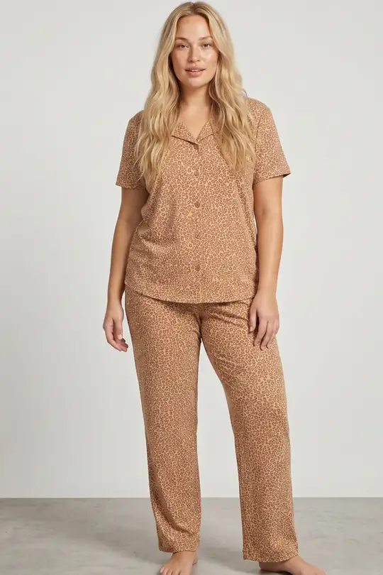 Büyük Beden Battal Boy Düğmeli Örme Pijama Takım 8016 - vizon leopar