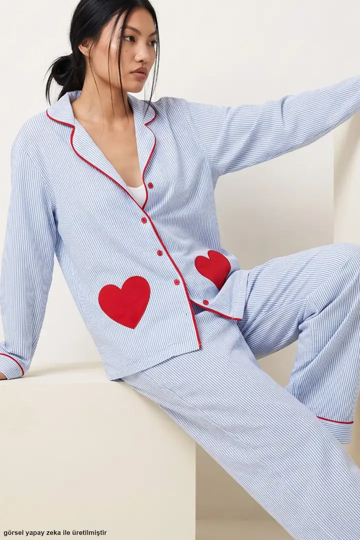 Çizgi Desenli Kalp Nakışlı Yumuşak Tuşe Kışlık Düğmeli Biyeli Örme Pijama Takımı 8084