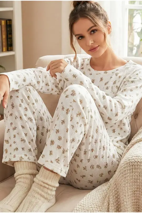 Desenli Pamuklu Fitilli Kaşkorse Örme Pijama Takım 7613 - ekru çiçek