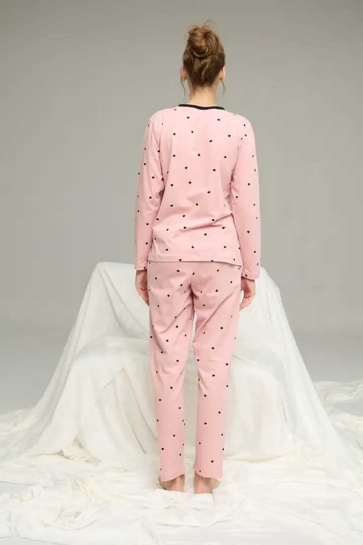 Pudra Kalp Desenli Örme Pamuklu Pijama Takım 25240244