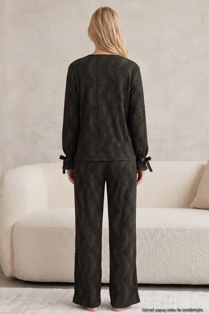 Desenli Bürümcük-Krınkıl Kurdele Detaylı Düğmeli Hırka Pijama Takım 26223921