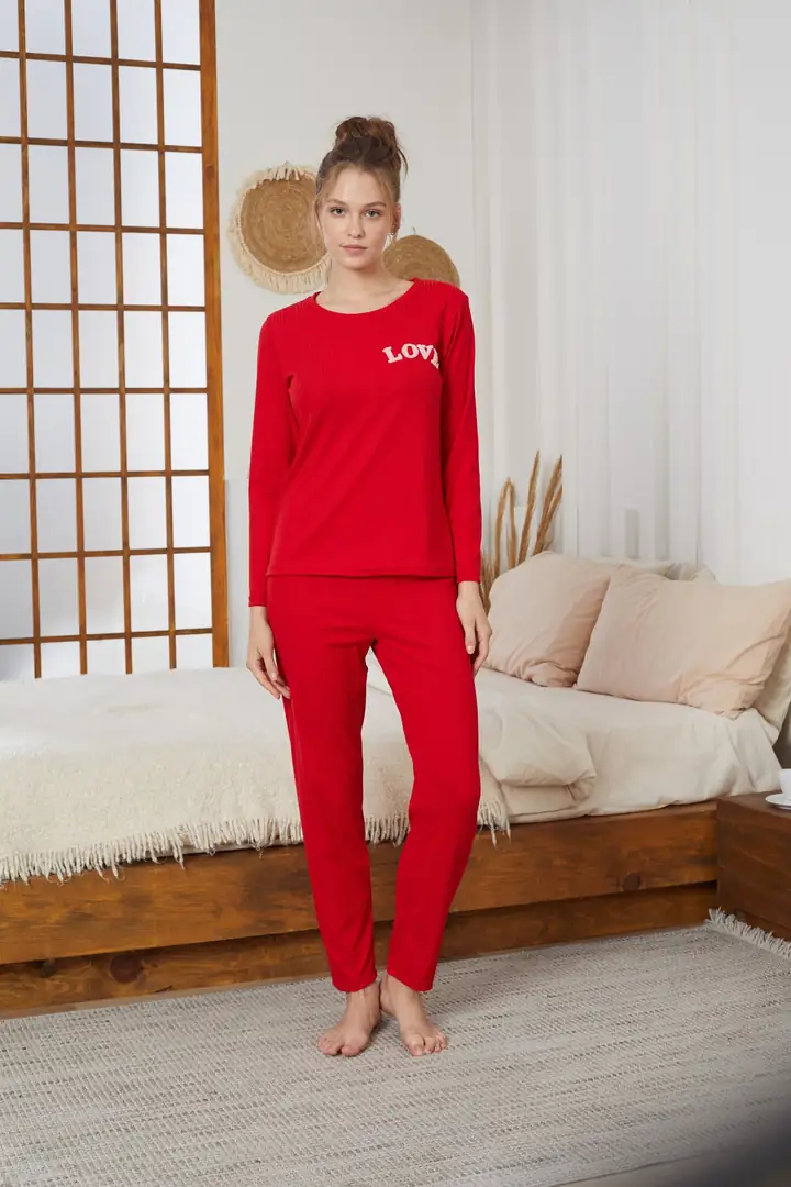 Love Nakışlı Fitilli Örme Pijama Takım25226001
