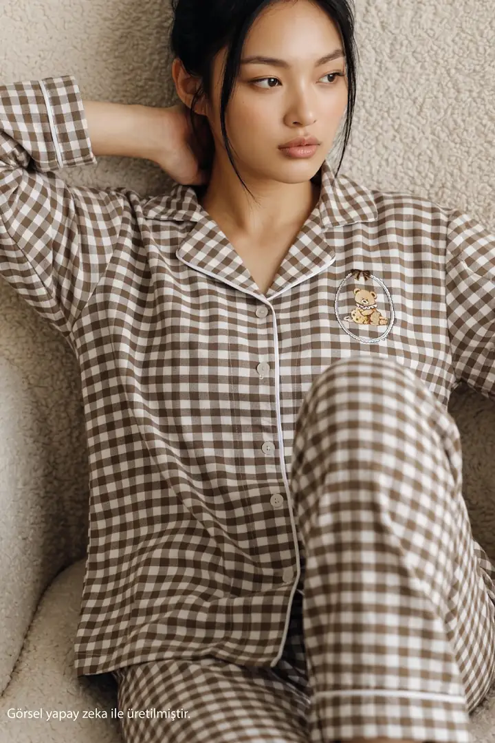 Ekose Desenli Nakışlı Yumuşak Tuşe Kışlık Düğmeli Örme Pijama Takımı 8080