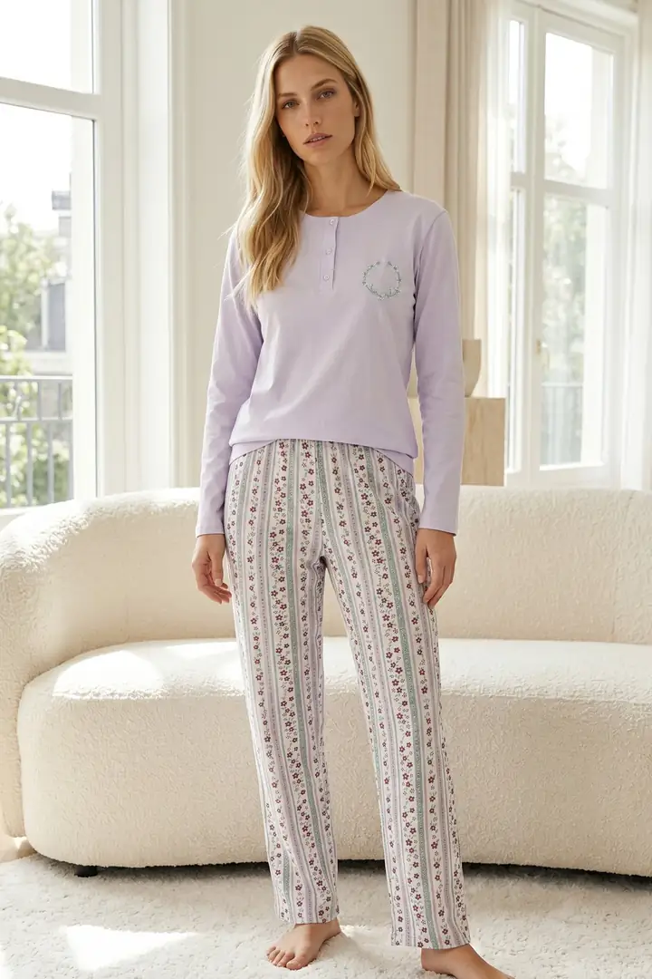 Nakışlı Düğmeli Pamuklu Likralı Örme Pijama Takım26240349