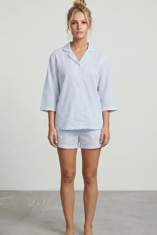 Düğmeli İnce Soft Örme Şortlu Pijama Takımı 8054 - MAVİ