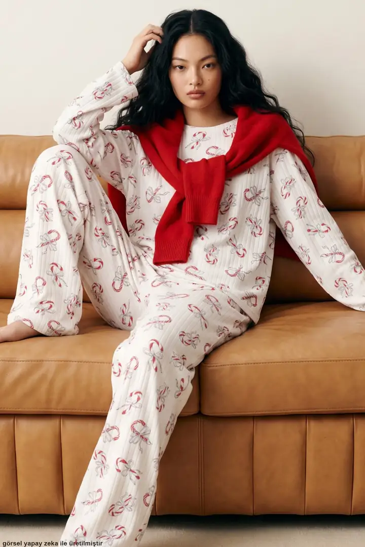 Desenli Yumuşak Tuşe Kışlık Fitilli Pamuklu Örme Pijama Takım 8100