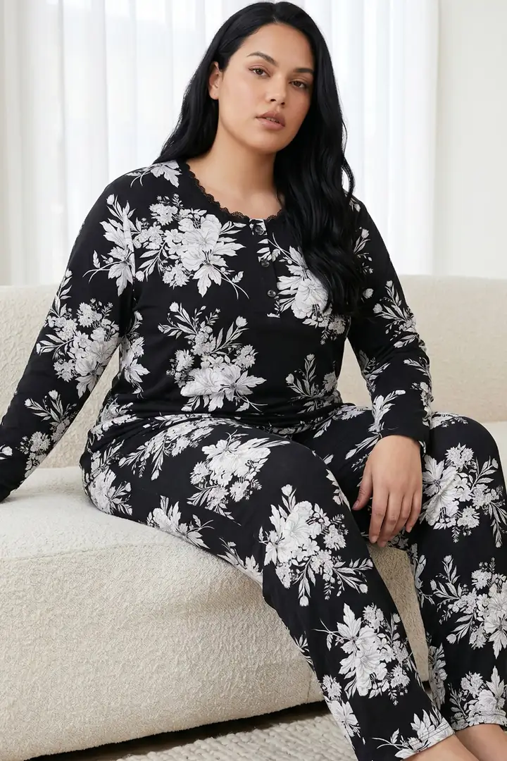 Düğmeli Pamuklu Likralı Büyük Beden Battal Boy Örme Pijama Takım 26240930