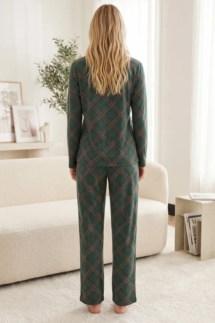 Düğmeli Pamuklu Likralı Örme Pijama Takım 26240354