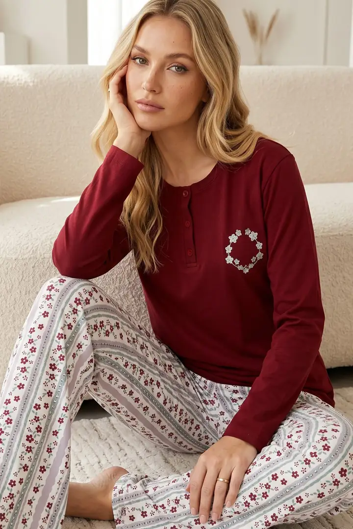 Nakışlı Düğmeli Pamuklu Likralı Örme Pijama Takım 26240351