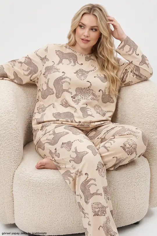 Baskılı Büyük Beden Battal Boy Örme Pijama Takım 8089 - ten leopar