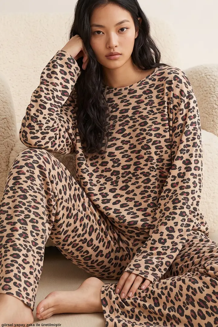 Desenli Yumuşak Tuşe Kışlık Fitilli Pamuklu Örme Pijama Takım 8100