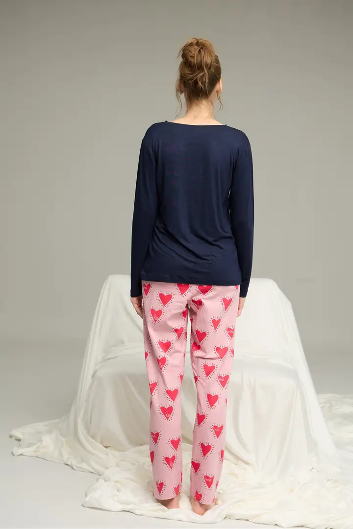 Lacivert Desenli Örme Pamuklu Pijama Takım 25240258