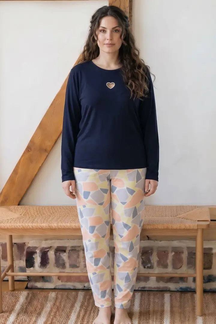 Lacivert Desenli Nakışlı Büyük Beden Battal Boy Viskon Örme Pijama Takım 26224824