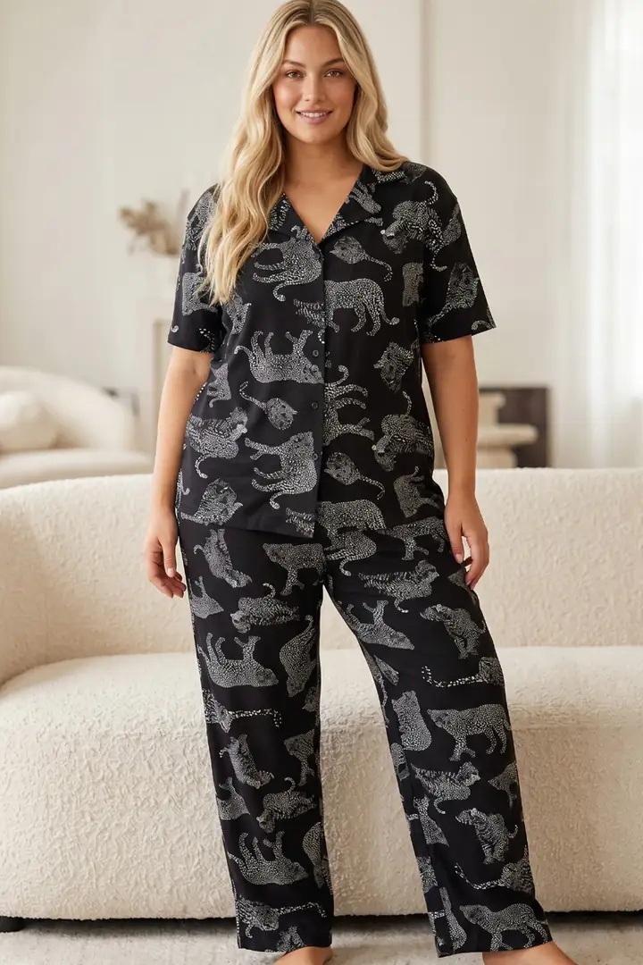 Beden Battal Boy Düğmeli Örme Pijama Takım