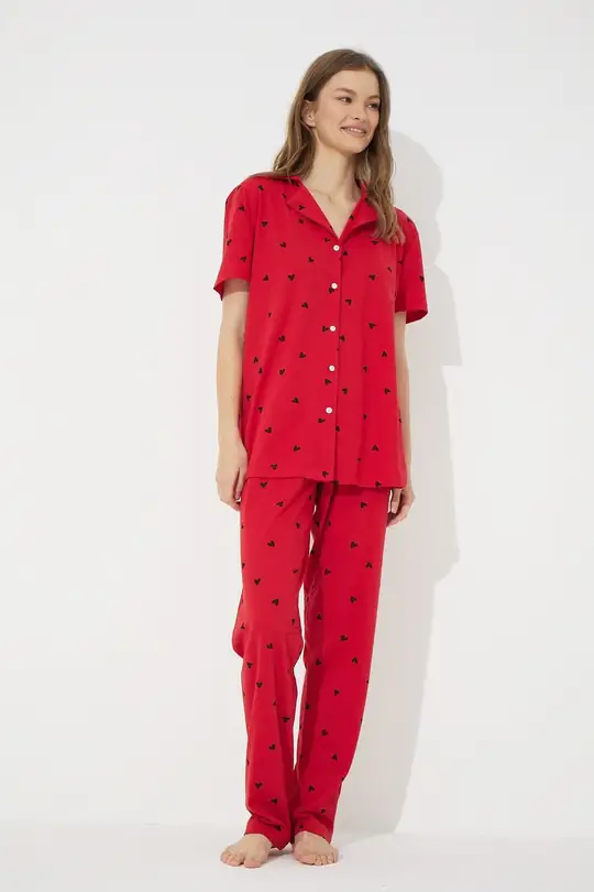 Kısa Kollu Pamuklu Düğmeli Pijama Takımı - Kırmızı