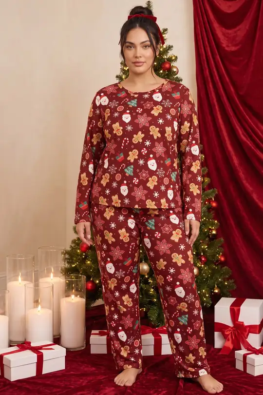 Yılbaşı Temalı Desenli Termal Kumaşlı Ultra Soft Yumuşak Büyük Beden Battal Boy Örme Pijama Takımı 26226725 - Bordo