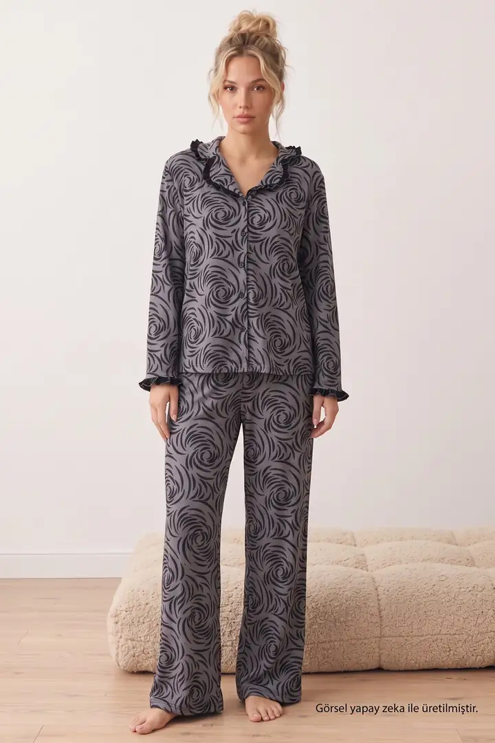 Desenli Bürümcük-Krınkıl Düğmeli Fırfırlı Pijama Takım 26223941-8 - gri desenli